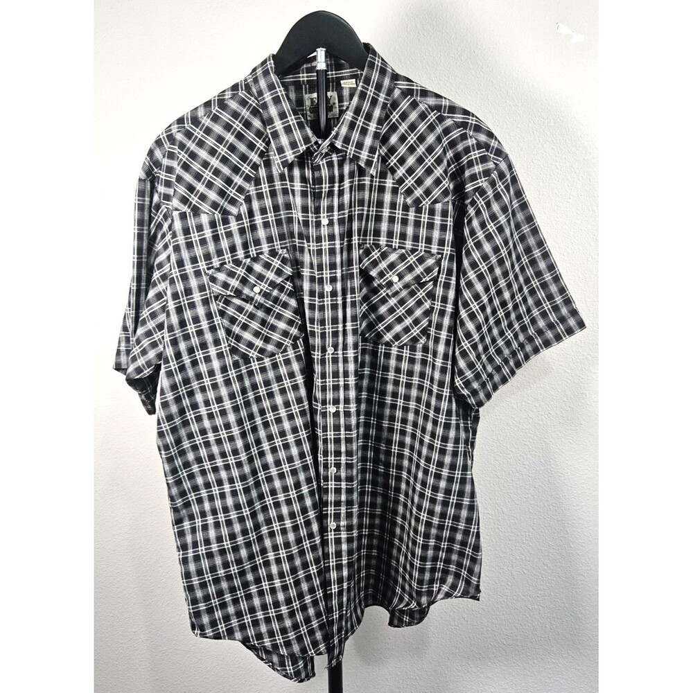 ELY Cattleman Western Shirt Mens XXL Black Plaid Pearl Snap Short Sleeve Cowboy